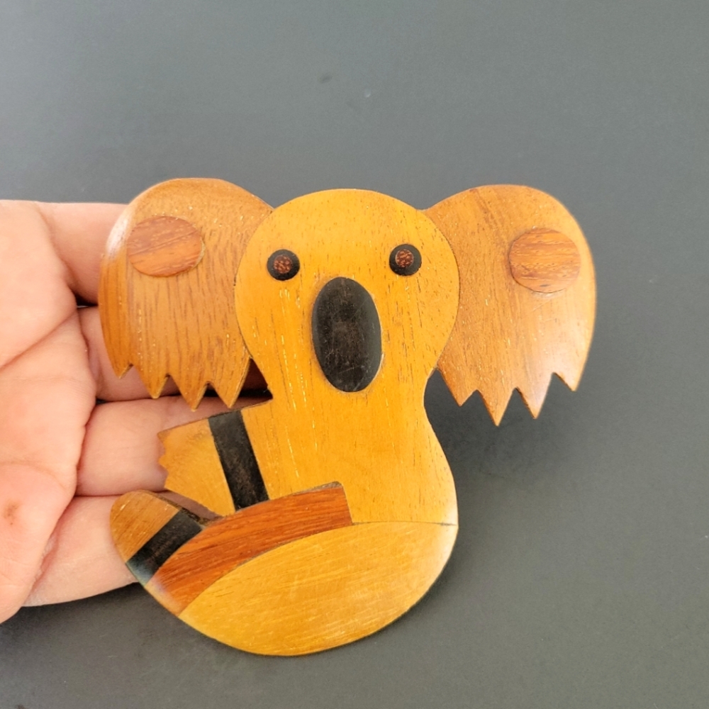 Vintage Large Handmade Wood Koala Bear Hair Clip Barrette l